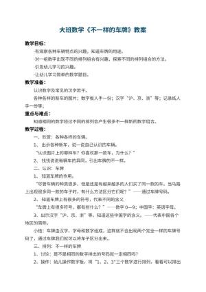 幼儿园大班数学教案《不一样的车牌》 包含反思预览