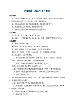 幼儿园中班健康优秀教案《我的小手》 包含反思预览
