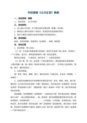幼儿园中班健康教案《认识五官》 包含反思预览