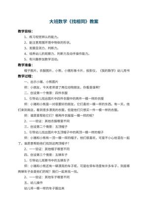 幼儿园大班数学教案《找相同》 包含反思
