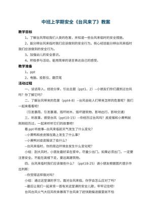 幼儿园中班上学期安全教案《台风来了》 包含反思预览