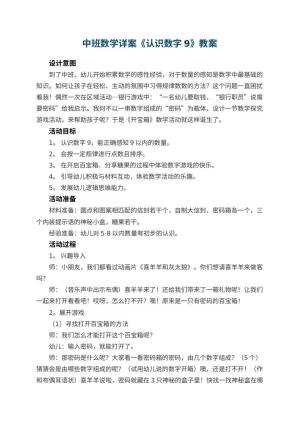 幼儿园中班数学详案教案《认识数字9》 包含反思