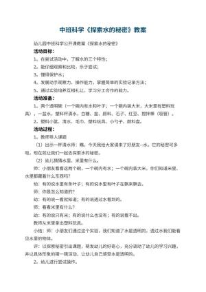 幼儿园中班科学教案《探索水的秘密》 包含反思预览