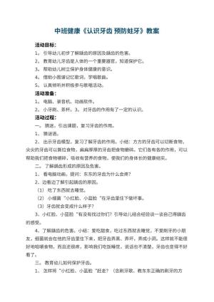 幼儿园中班健康教案《认识牙齿 预防蛀牙》 包含反思预览