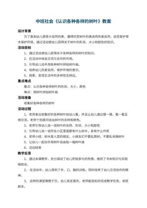 幼儿园中班社会教案《认识各种各样的树叶》 包含反思预览