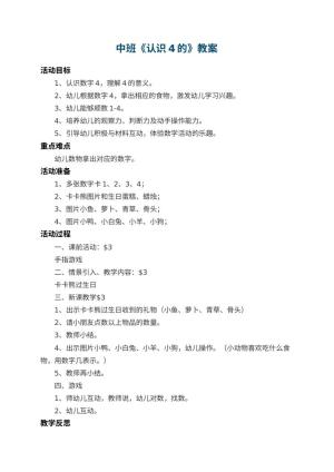 幼儿园中班教案《认识4的》 包含反思预览