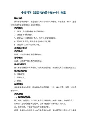 幼儿园中班科学教案《爱劳动的黄牛和水牛》 包含反思