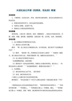 幼儿园大班社会公开课教案《找男孩，找女孩》 包含反思预览
