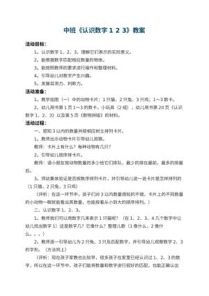 幼儿园中班教案《认识数字1 2 3》 包含反思