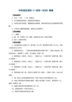 幼儿园中班语言游戏教案《一双双一对对》 包含反思