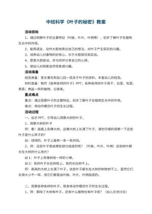 幼儿园中班科学教案《叶子的秘密》 包含反思预览