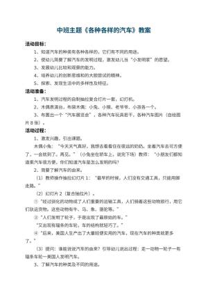 幼儿园中班主题教案《各种各样的汽车》 包含反思预览