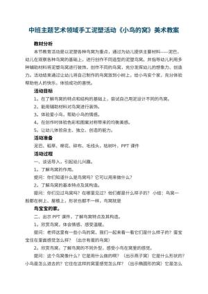 幼儿园中班主题艺术领域手工泥塑活动《小鸟的窝》美术预览