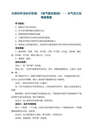 幼儿园大班科学活动示范课教案：《淘气堡的奥秘》——大气压力在哪里