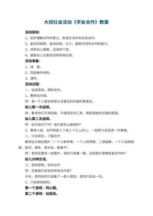 幼儿园大班社会活动教案《学会合作》 包含反思预览