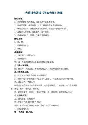 幼儿园大班社会领域教案《学会合作》 包含反思预览