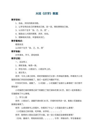 幼儿园大班教案《识字》 包含反思