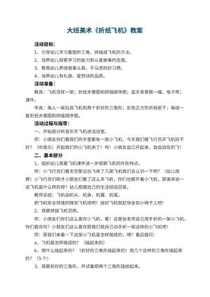 幼儿园大班美术优秀教案《折纸飞机》 包含反思