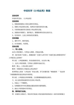 幼儿园中班科学《小鸡出壳》教案 包含反思预览