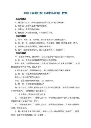 幼儿园大班下学期社会教案《吸水小细管》 包含反思