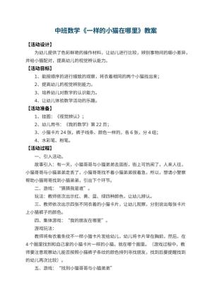 幼儿园中班数学教案《一样的小猫在哪里》 包含反思预览